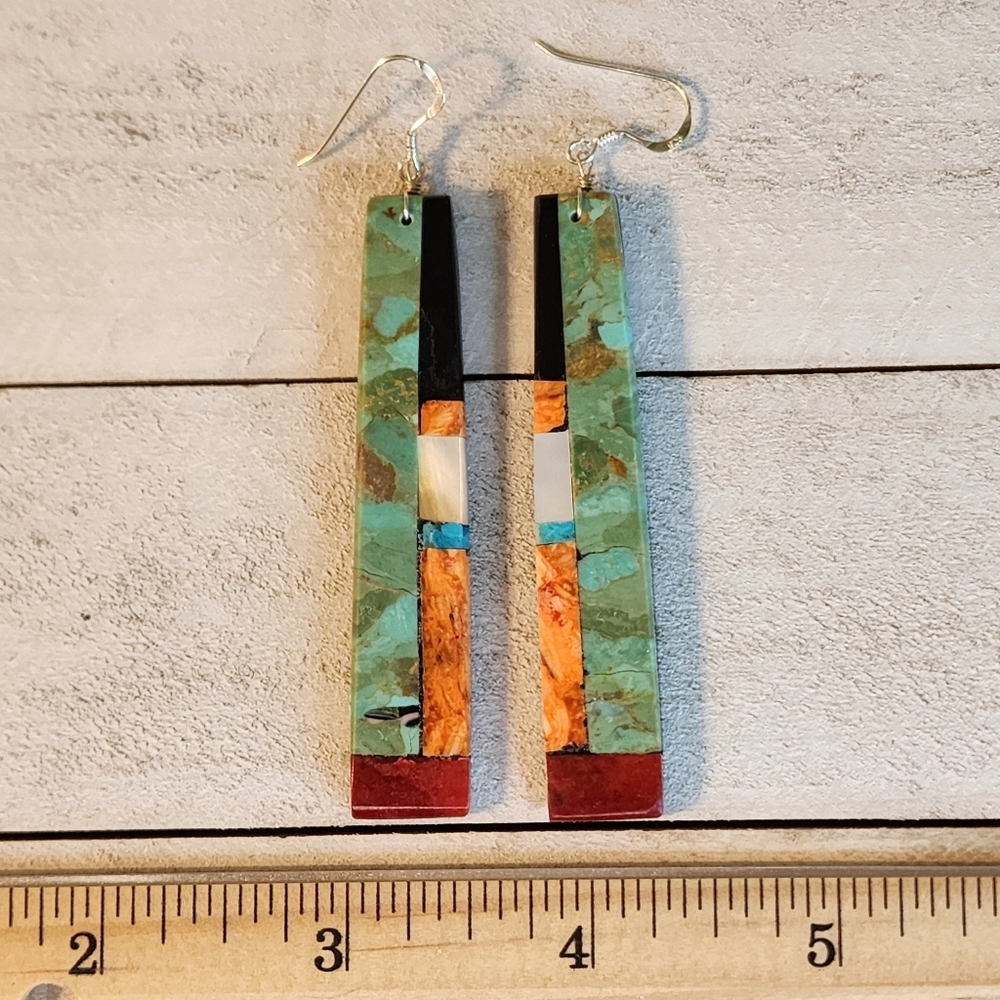 Native American Multi Stone Inlay Drop Earrings - Picture 13 of 15